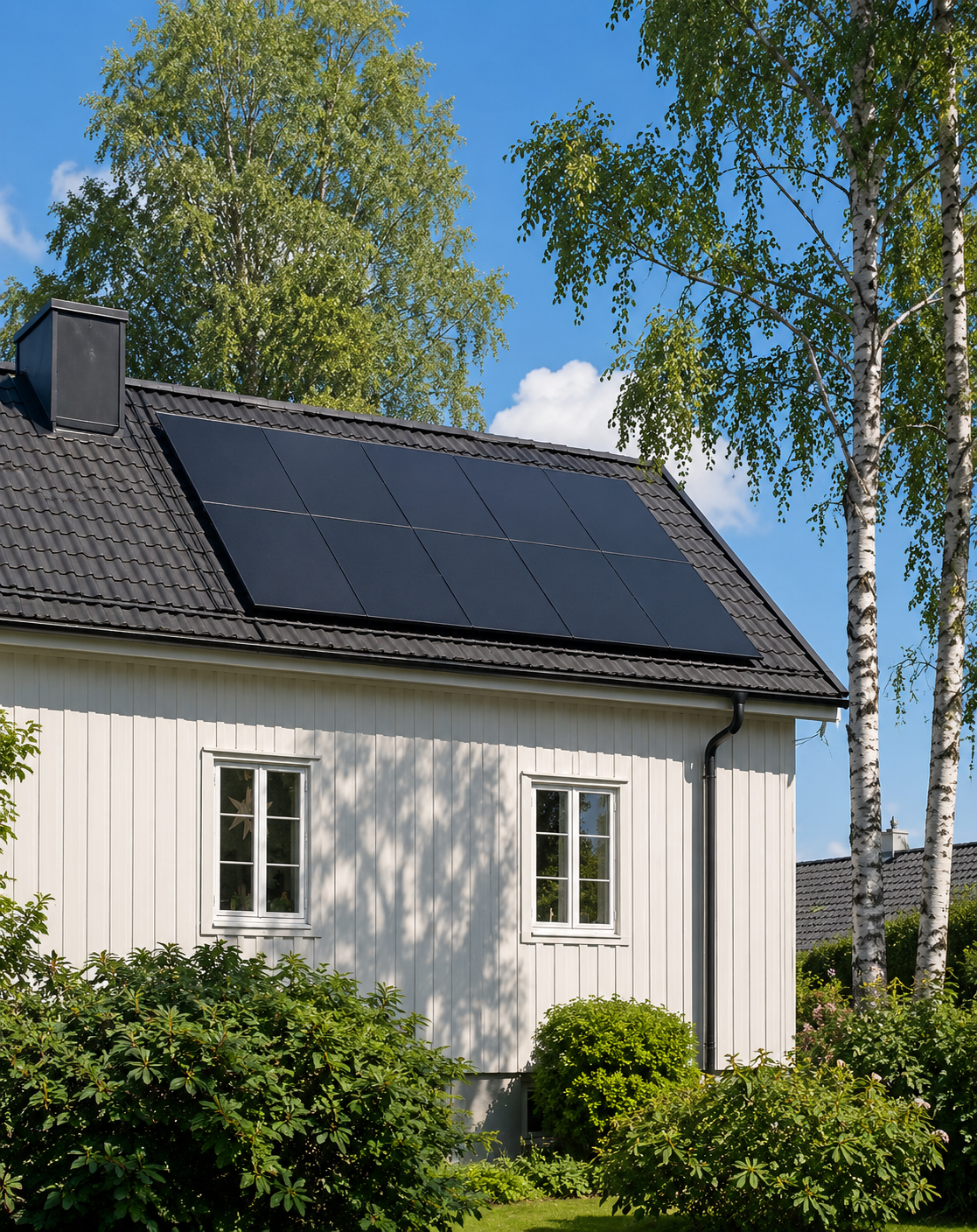 Solceller monterade på taket till en vit svensk villa