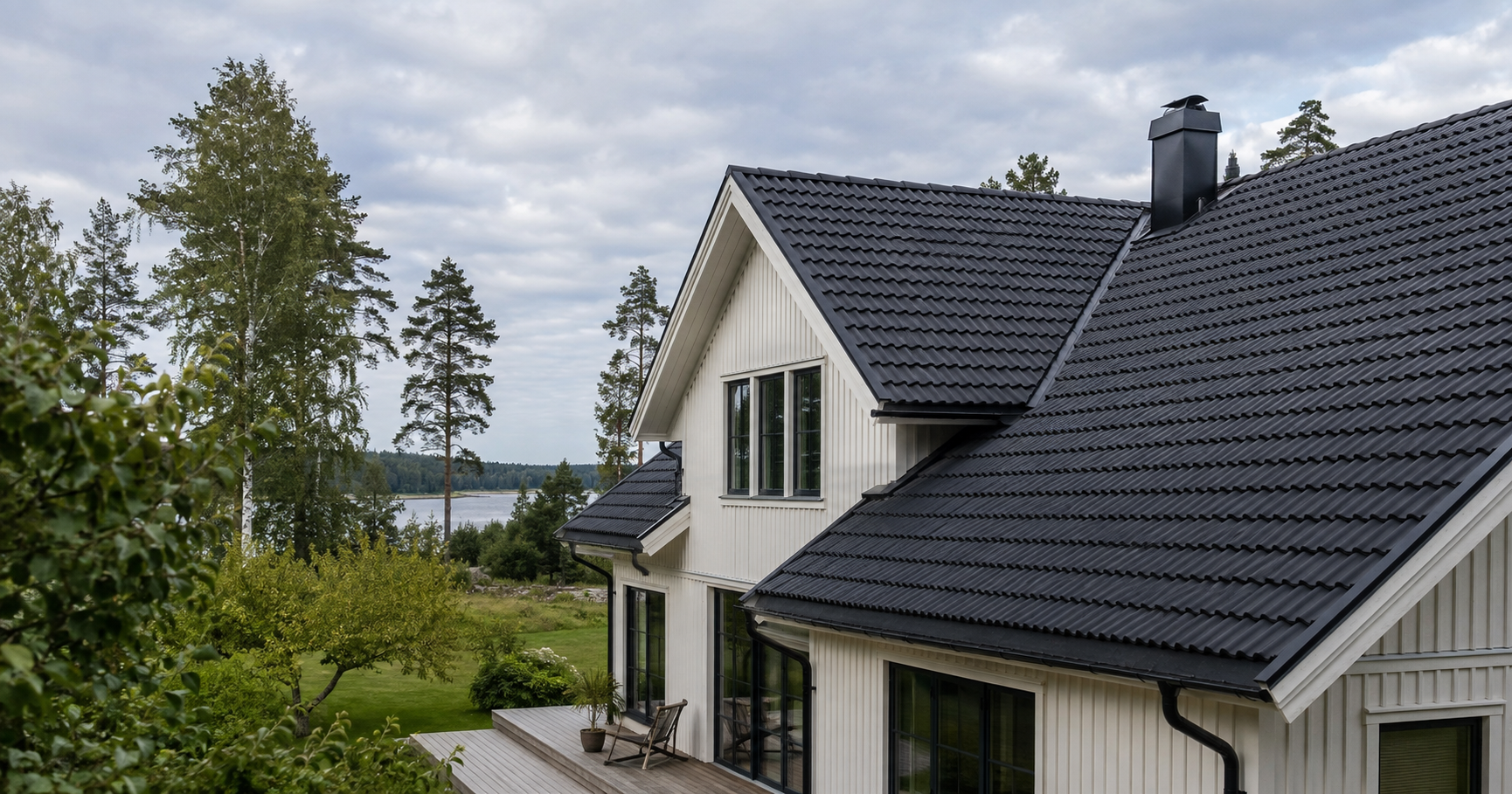 Svensk villa med nylagt svart tegeltak vid sjö